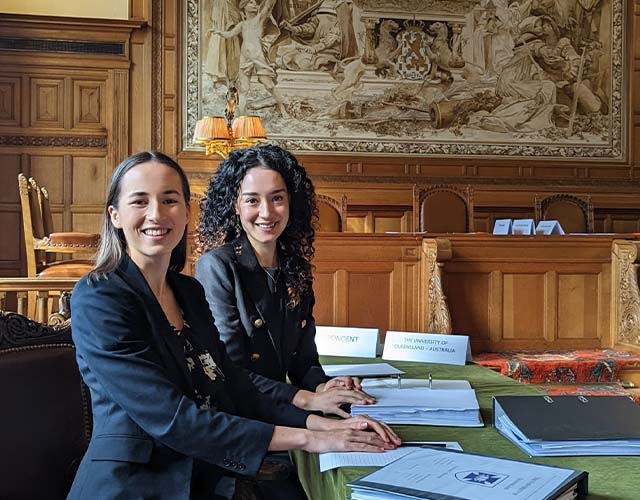 UQ Law students Simaima Gordon and Emma Cooney in the Peace Palace, Netherlands.