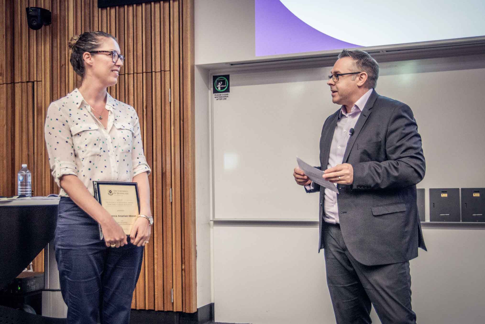 This is an image of award-winner Dr Rebecca Ananian-Welsh with Professor Brent Ritchie