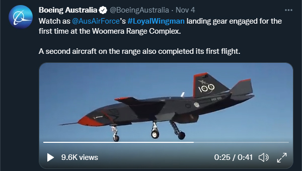 A tweet by Boeing Australia about test flights of the Loyal Wingman autonomous plane.
