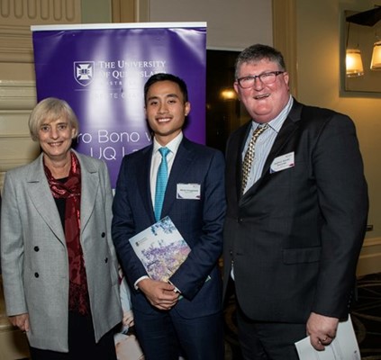  Mandy Shircore, Director of the UQ Pro Bono Centre, 2021 UQ Pro Bono Publico Award recipient Mitree Vongphakdi and UQ Pro Bono Centre Advisory Board Chairman Randal Dennings.  