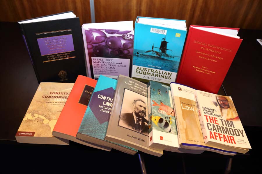 Published books arranged on a table at the 2016 Law Awards