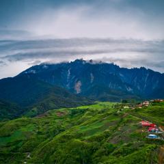 Green forests and a small village in front of Mount Kinabalu
