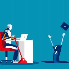 AI robot sitting at a desk across from a human 