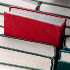 A red book, taller and sticking out from the blue books that surround it.