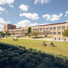 This is an image of the Forgan Smith building and front lawn