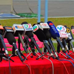 bank of journalist microphones