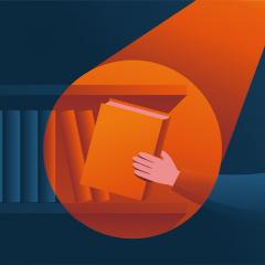 Vector art of spotlight striking a hand reaching for a book.