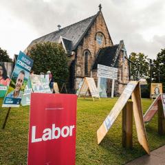 Political signs outside of a church, 2025 Australian federal election. 