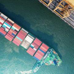 aerial view of cargo ship at port