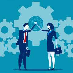 vector image of a business man and woman holding hands in cooperation in front of cogs