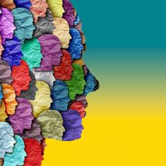 A collage of paper faces with a teal to yellow background gradient