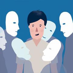 vector art of a person surrounded by blank masked people
