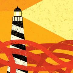 vector art of a lighthouse with red ribbon seas